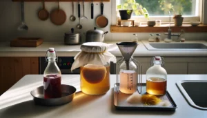 Glass jar with scoby and kombucha bottles in a norwegian kitchen