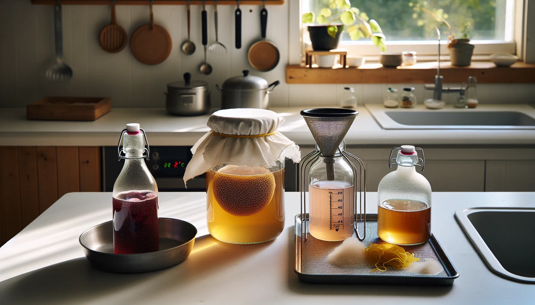Glass jar with scoby and kombucha bottles in a norwegian kitchen