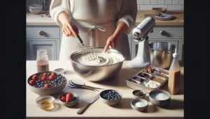 Hands folding condensed milk into whipped cream for no churn ice cream