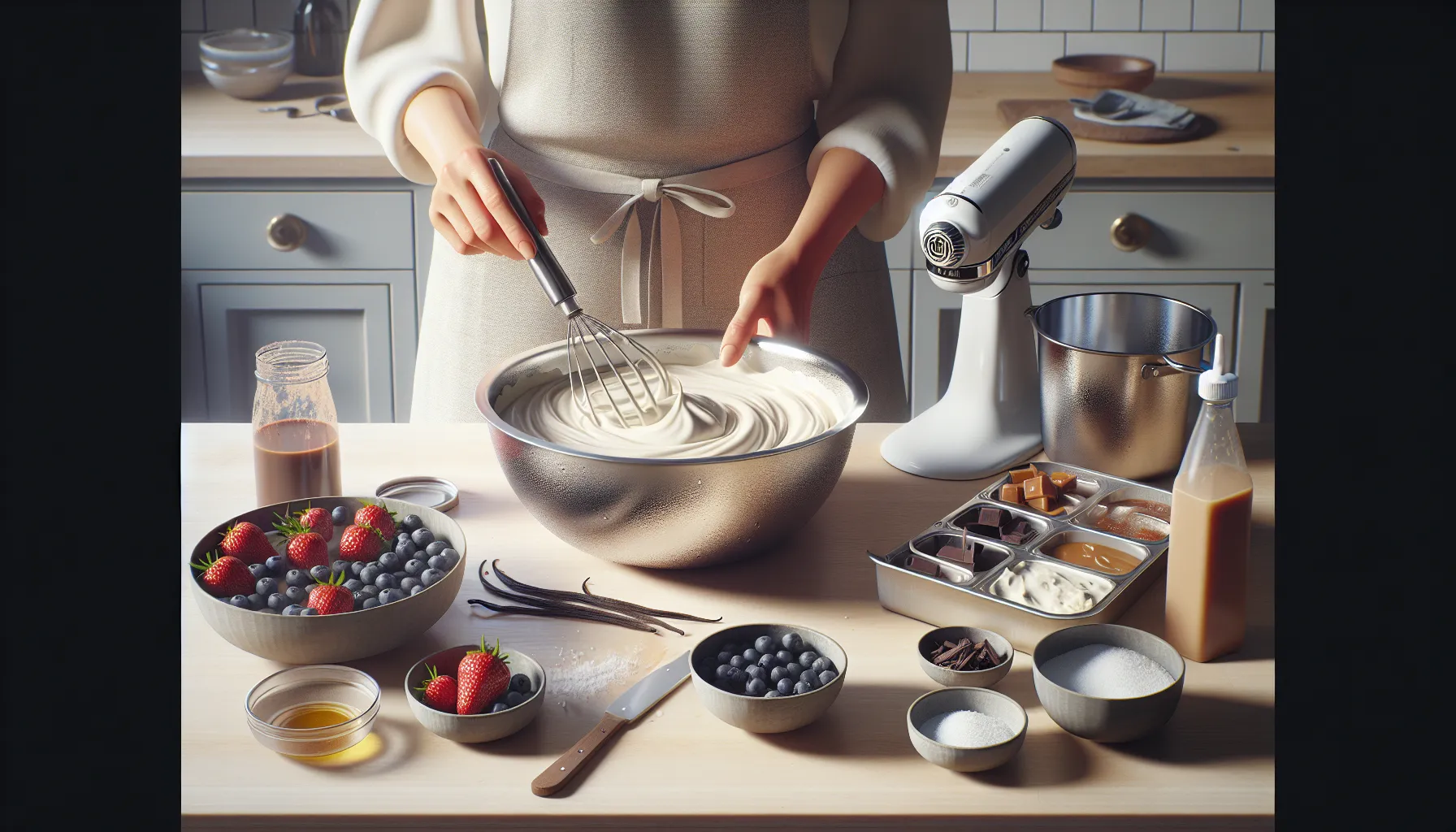 Hands folding condensed milk into whipped cream for no churn ice cream