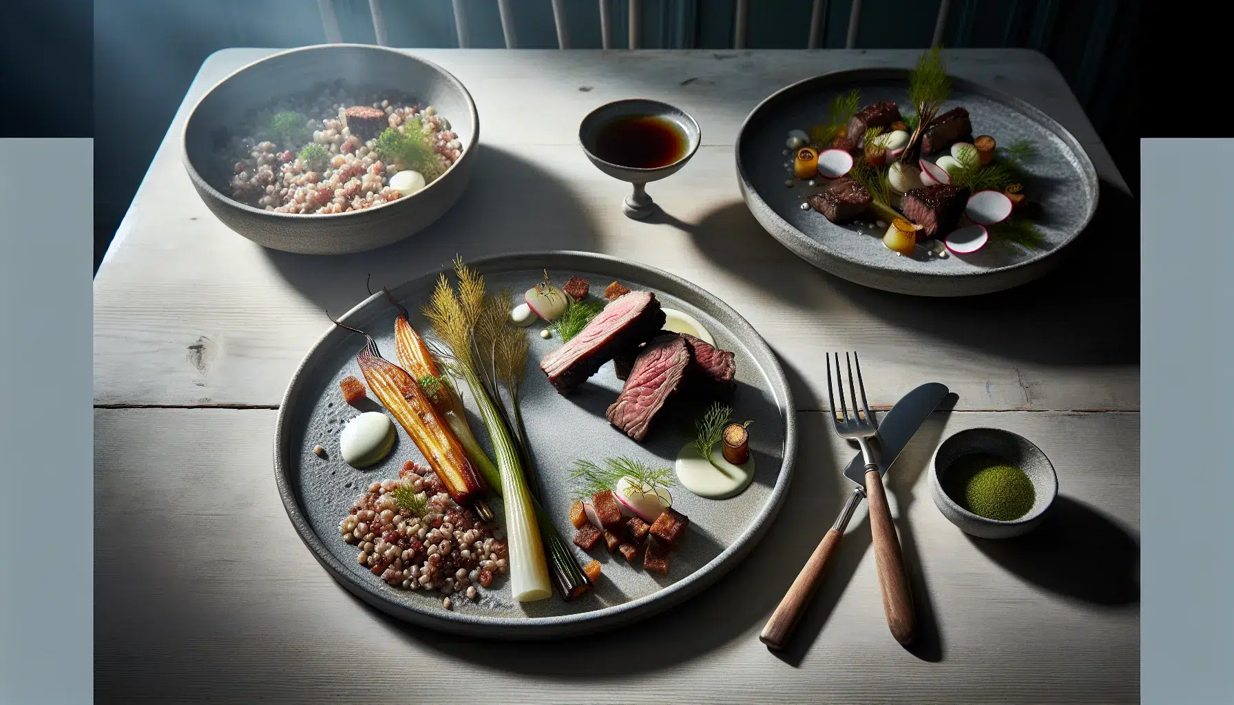 Modern norwegian classics plated elegantly with lamb fish cake and roasted roots