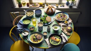 Nordic kitchen spread of gluten free dishes breads and labeled flour alternatives