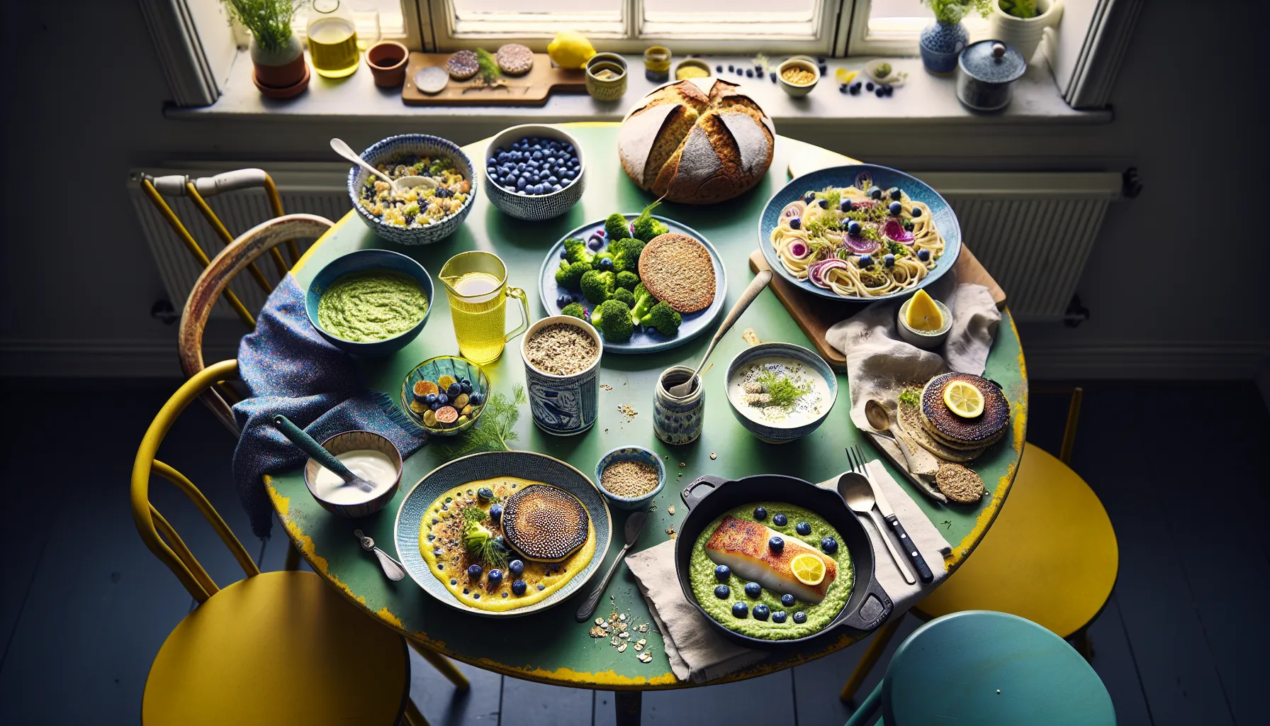 Nordic kitchen spread of gluten free dishes breads and labeled flour alternatives