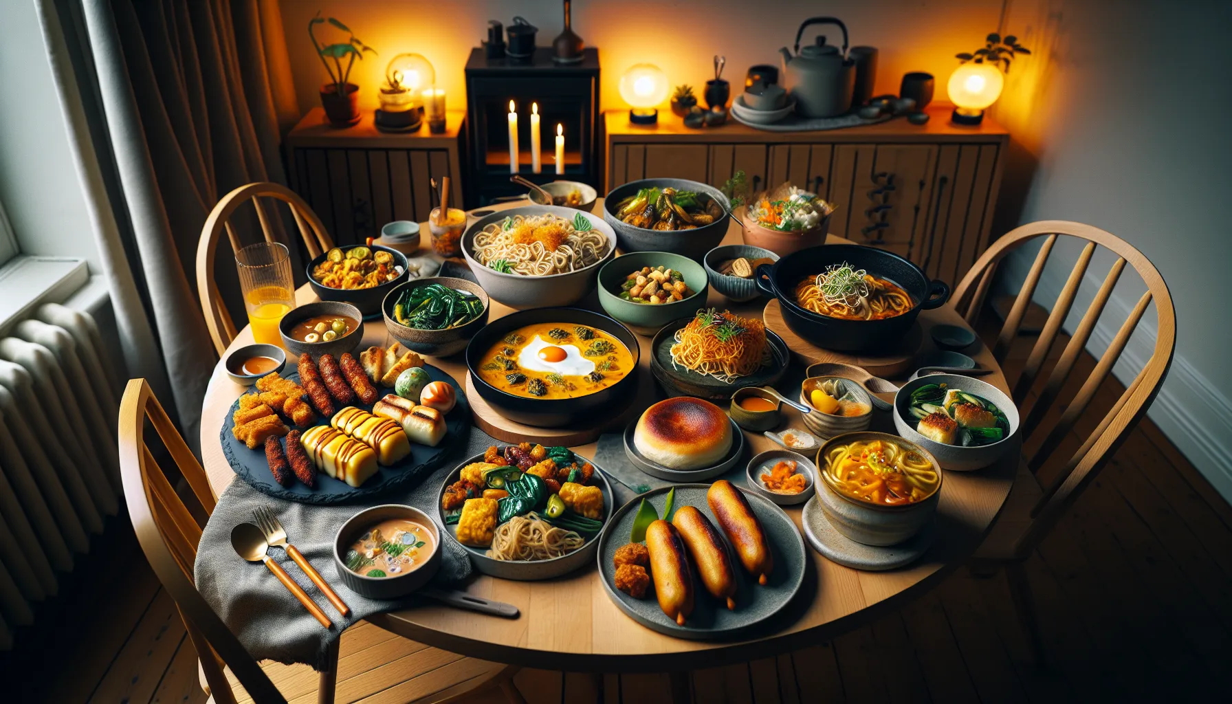 Nordic table with trendy asian dishes like tteokbokki khao soi and banh mi