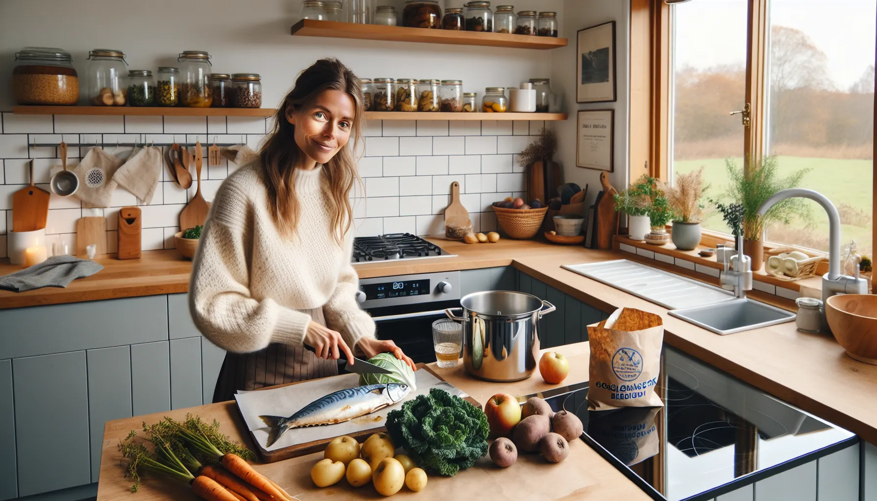 Norwegian home kitchen scene with woman prepping seasonal veg and sustainable fish