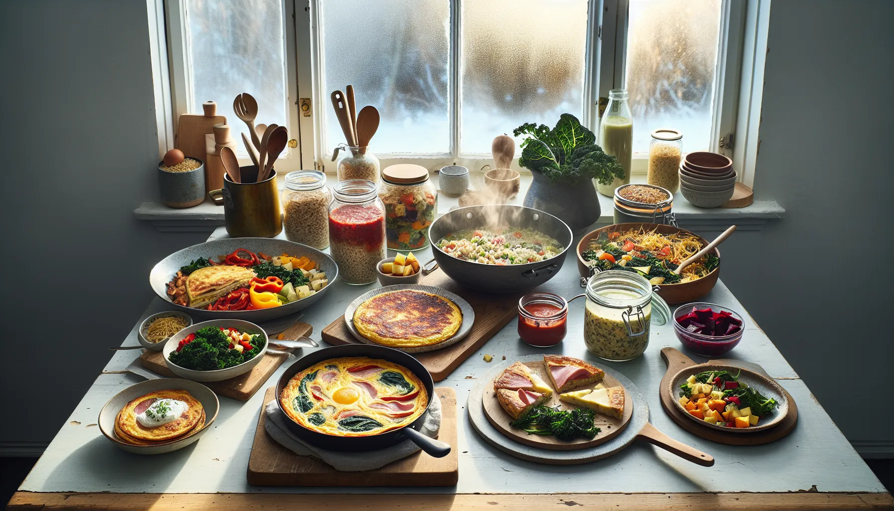 Norwegian kitchen counter showcasing ten creative dishes made from leftovers