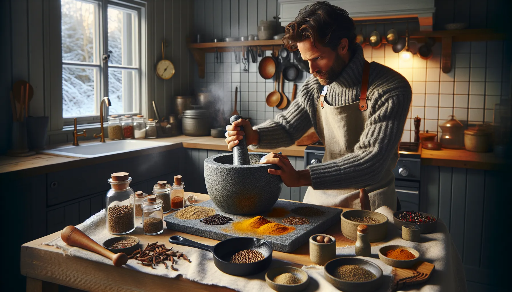 Norwegian kitchen grinding toasted spices and labeling fresh homemade blends