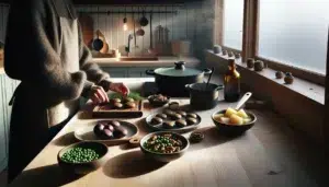 Norwegian kitchen plating vegan meatballs with gravy potatoes peas lingonberries