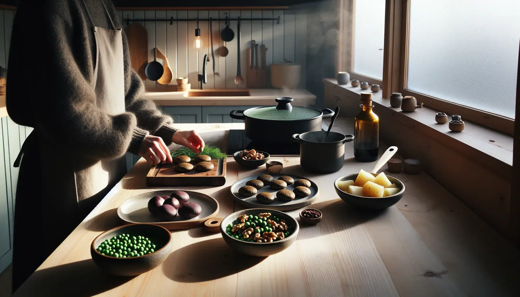 Norwegian kitchen plating vegan meatballs with gravy potatoes peas lingonberries