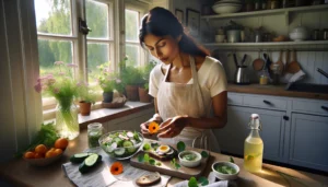 Norwegian kitchen scene showing edible flowers used in salad syrup and garnish