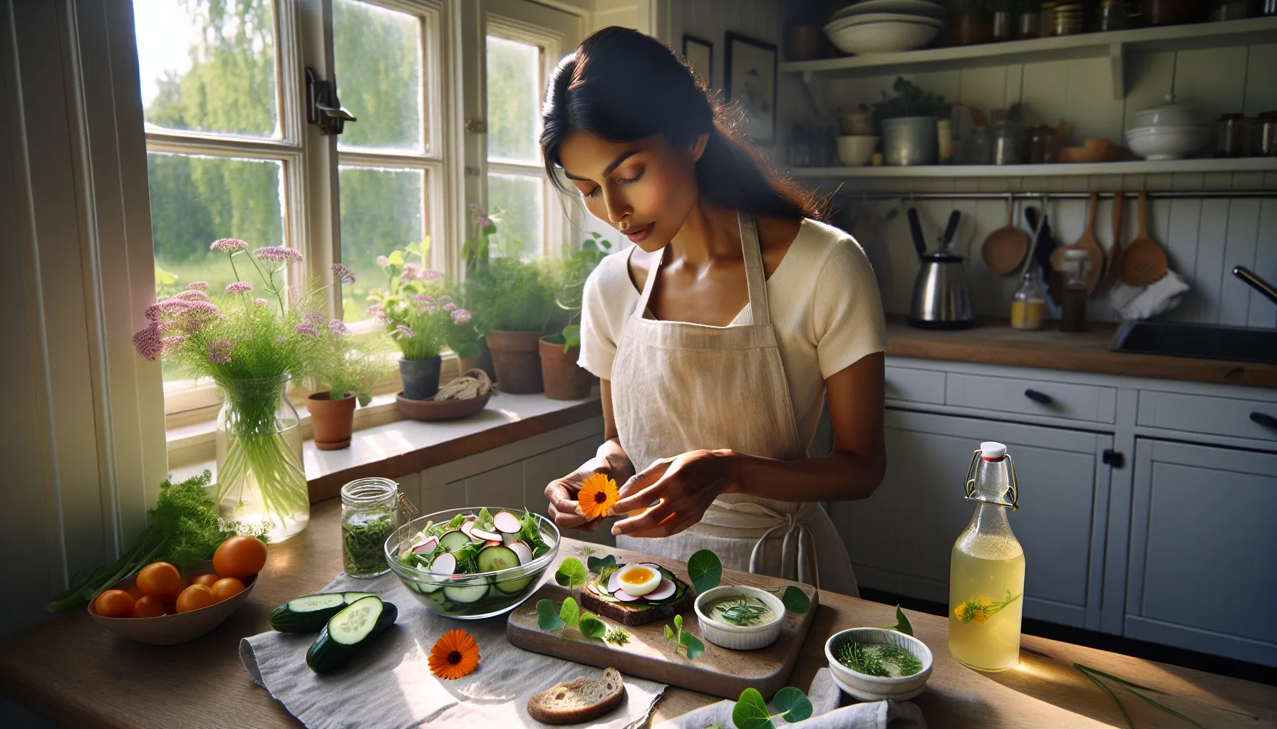 Norwegian kitchen scene showing edible flowers used in salad syrup and garnish