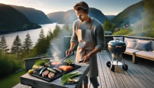 Norwegian summer grill feast with salmon steaks vegetables and organized buffet