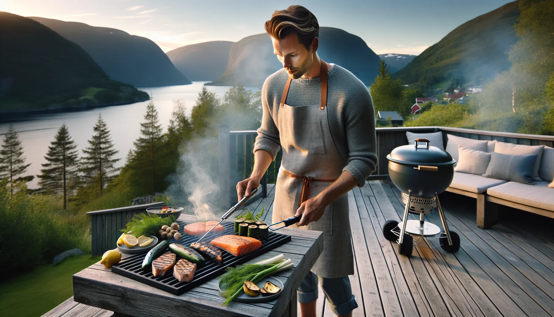 Norwegian summer grill feast with salmon steaks vegetables and organized buffet