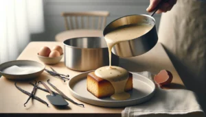 Creamy vanilla sauce poured over warm norwegian apple cake in a bright kitchen