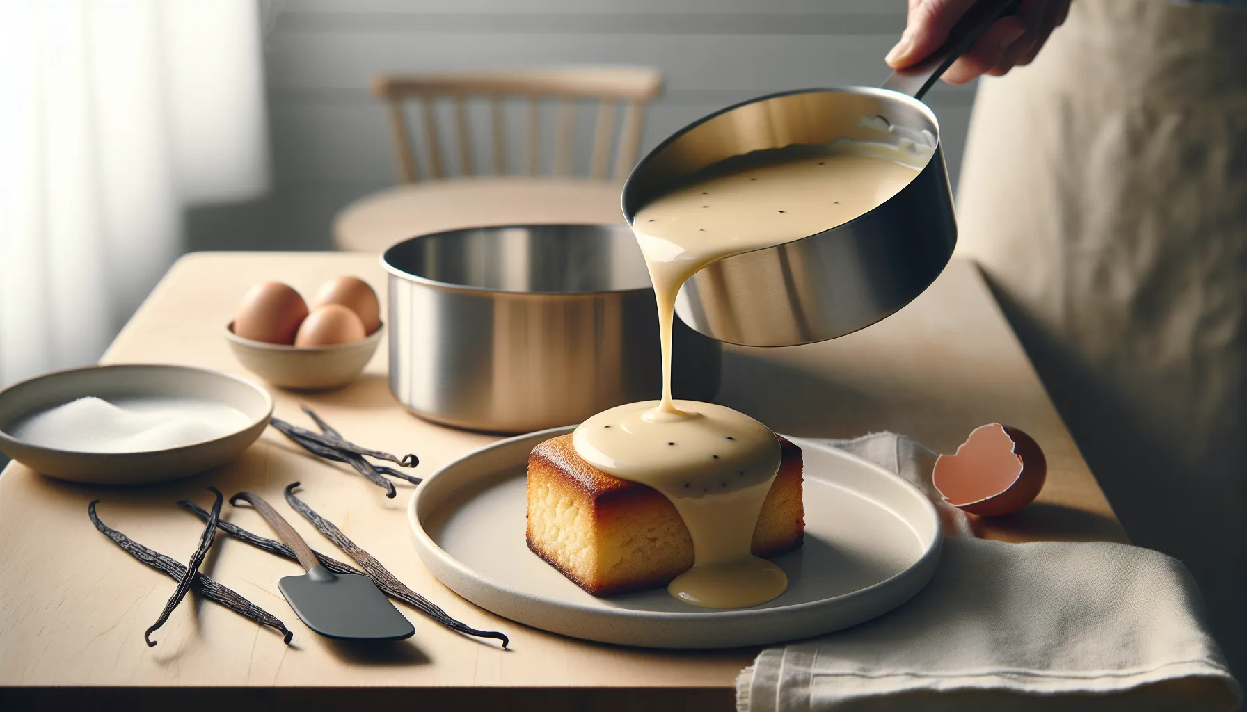 Creamy vanilla sauce poured over warm norwegian apple cake in a bright kitchen