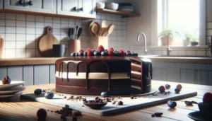 Layered homemade chocolate cake with caramel berries and nuts in a nordic kitchen