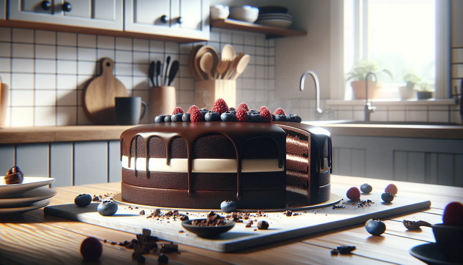 Layered homemade chocolate cake with caramel berries and nuts in a nordic kitchen