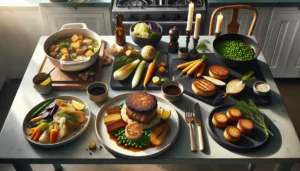 Modern norwegian table with updated traditional dishes like farikal cod meatcakes and dessert