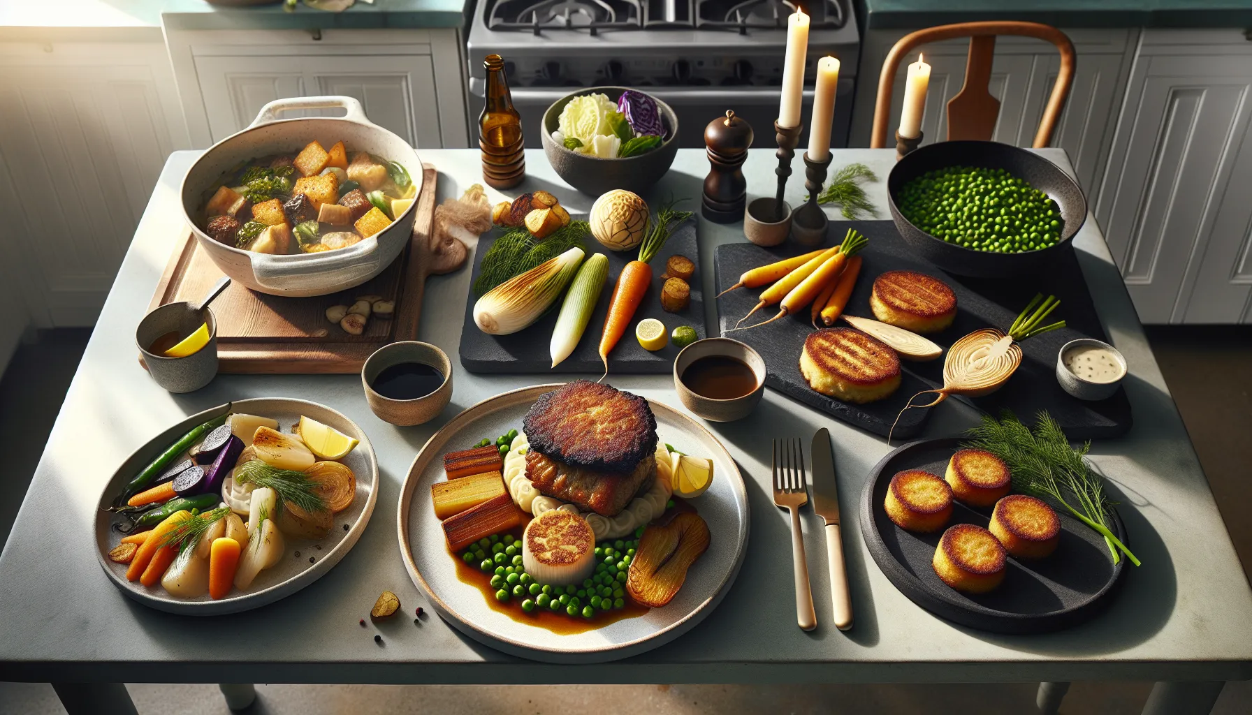 Modern norwegian table with updated traditional dishes like farikal cod meatcakes and dessert