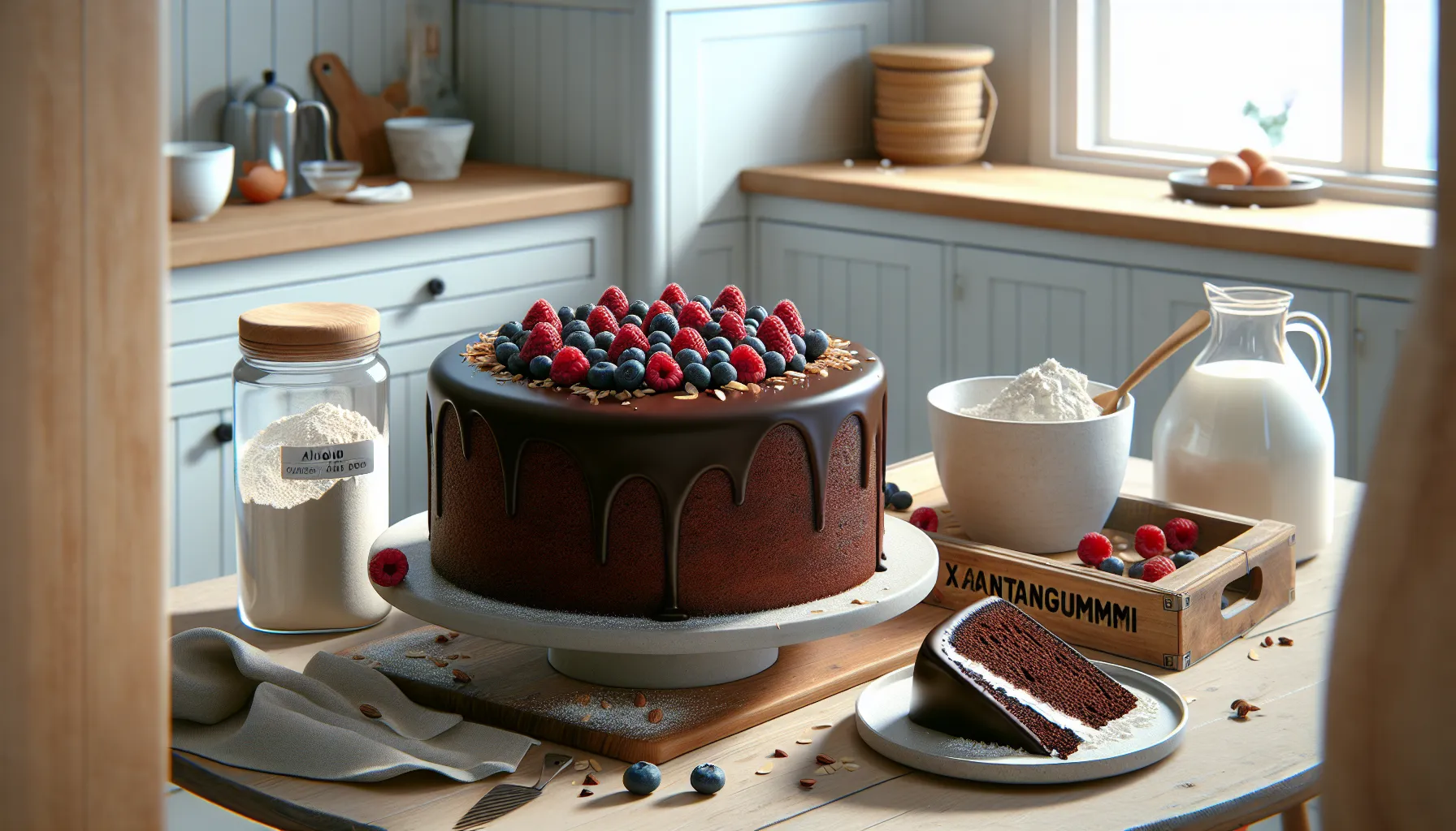Moist gluten free chocolate cake with berries on a scandinavian kitchen table