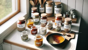 Norsk kj kkenbenk med hjemmelagde krydderblandinger i glass og morter