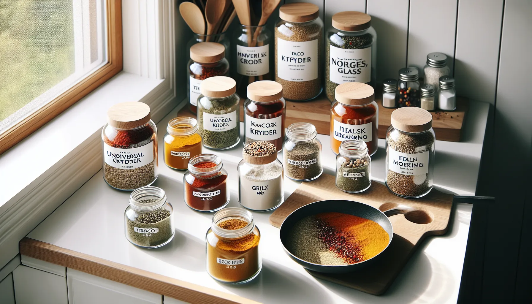 Norsk kj kkenbenk med hjemmelagde krydderblandinger i glass og morter