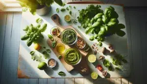 Norsk kj kkenbenk med tre varianter av hjemmelaget pesto og friske ingredienser