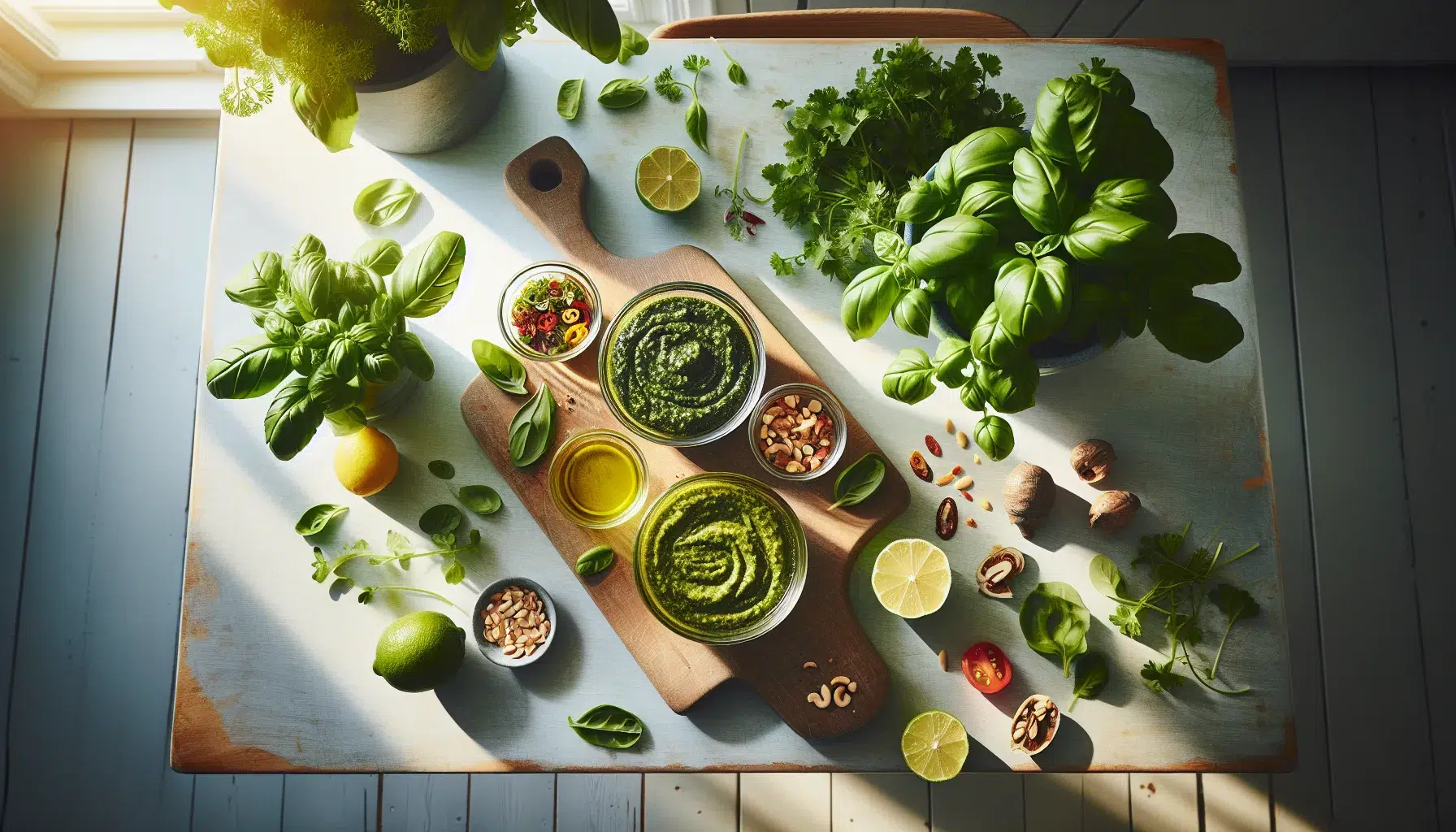 Norsk kj kkenbenk med tre varianter av hjemmelaget pesto og friske ingredienser
