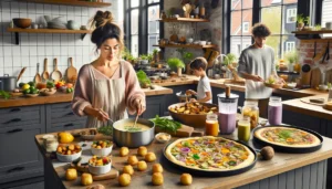 Norwegian family turning leftovers into creative meals in a bright home kitchen