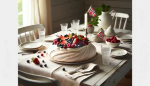 Perfect pavlova with cream and fresh berries on a festive norwegian table