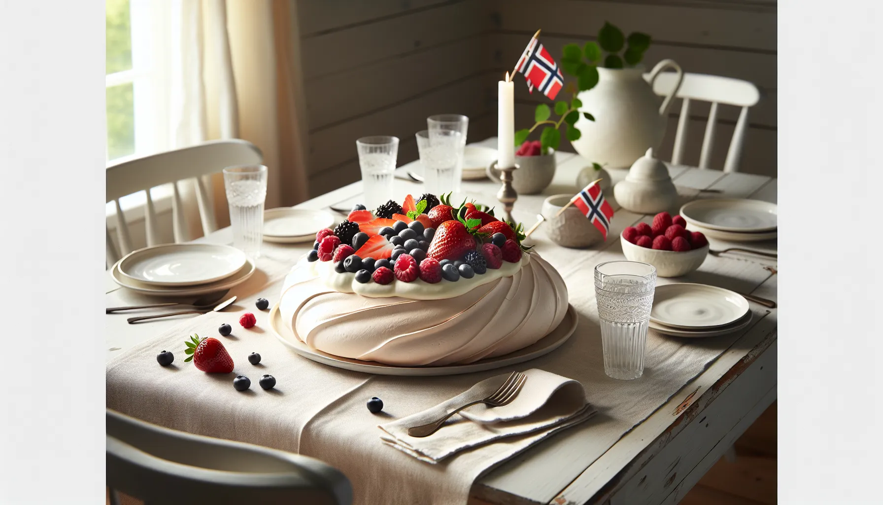 Perfect pavlova with cream and fresh berries on a festive norwegian table