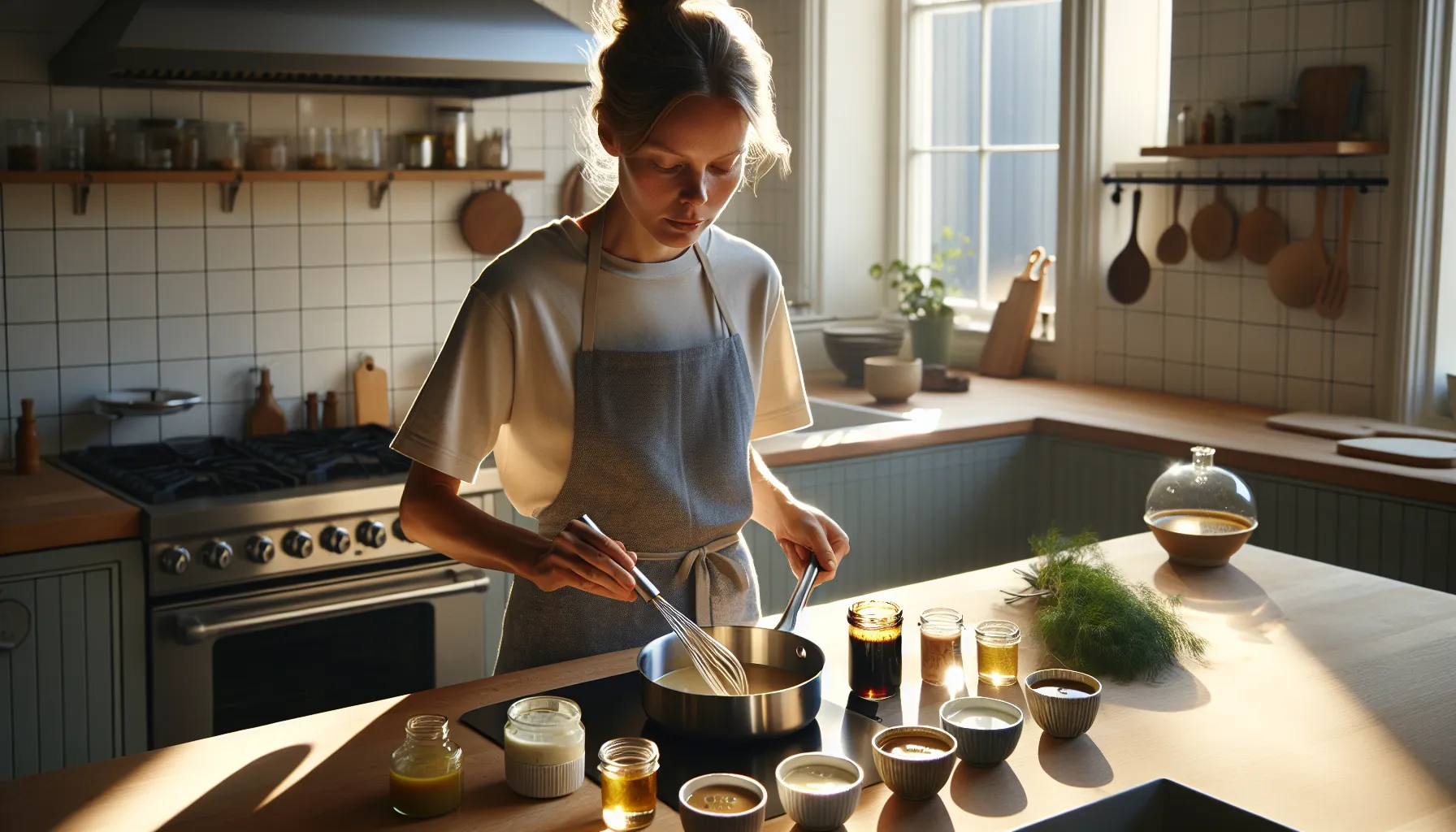 Person in a nordic kitchen tasting homemade sauces and dressings at the counter