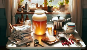 Stort glass med hjemmelaget kombucha og scoby pa lys norsk kj kkenbenk