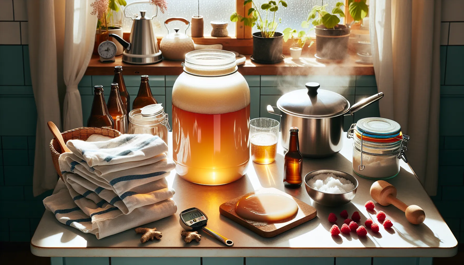 Stort glass med hjemmelaget kombucha og scoby pa lys norsk kj kkenbenk