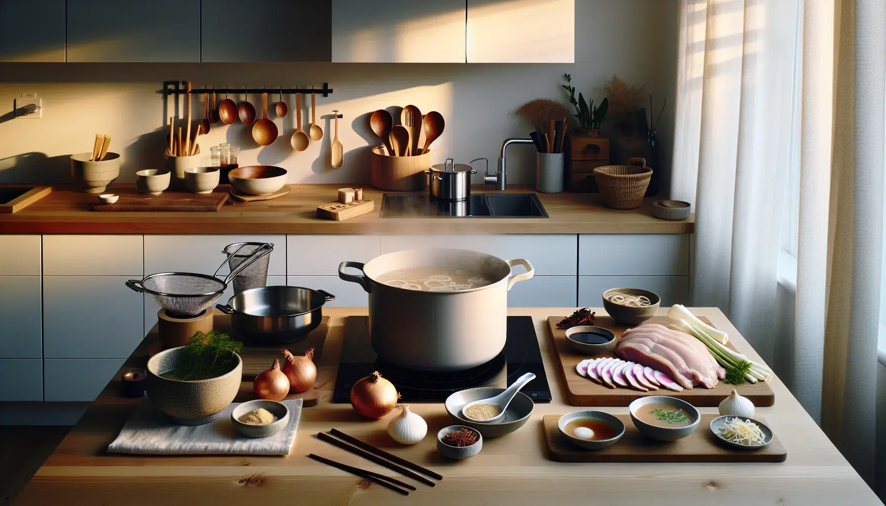 Slik lager du autentisk ramen hjemme fra bunnen av 3 Norwegian home kitchen with ramen equipment and key ingredients neatly arranged.